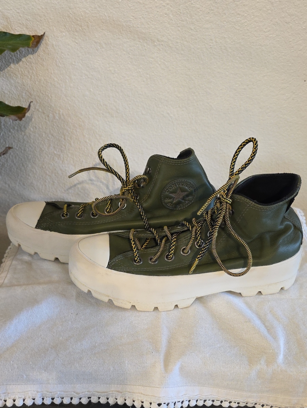 Converse High Top Sneakers in Olive Green with White Platform
